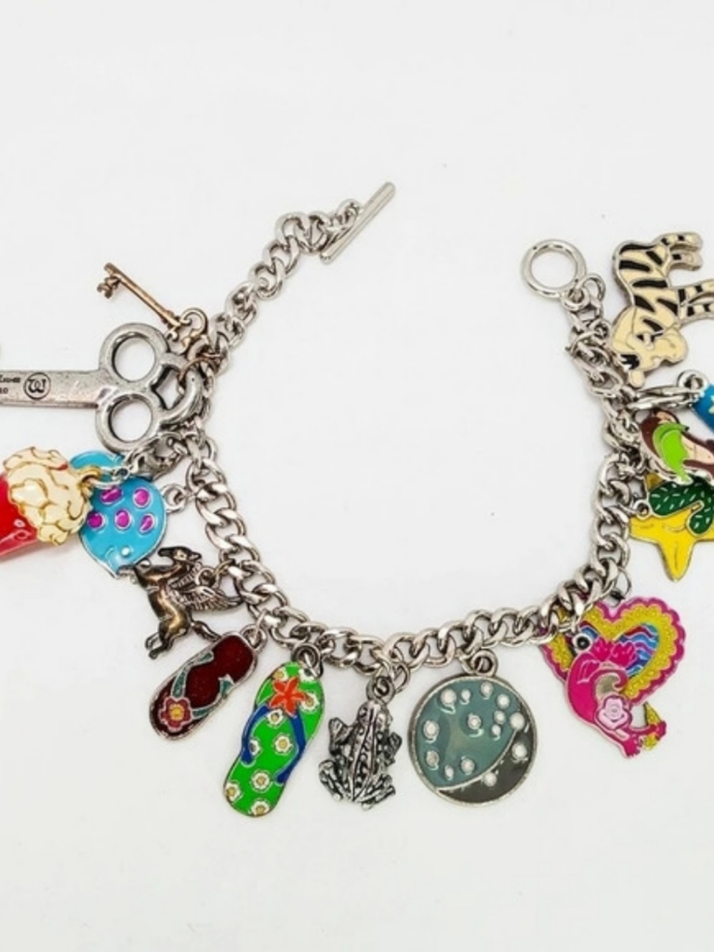 Vtg Y2K Chunky Loaded Charm Bracelet Silver Tone Enamel Key Dreams Frog Toggle